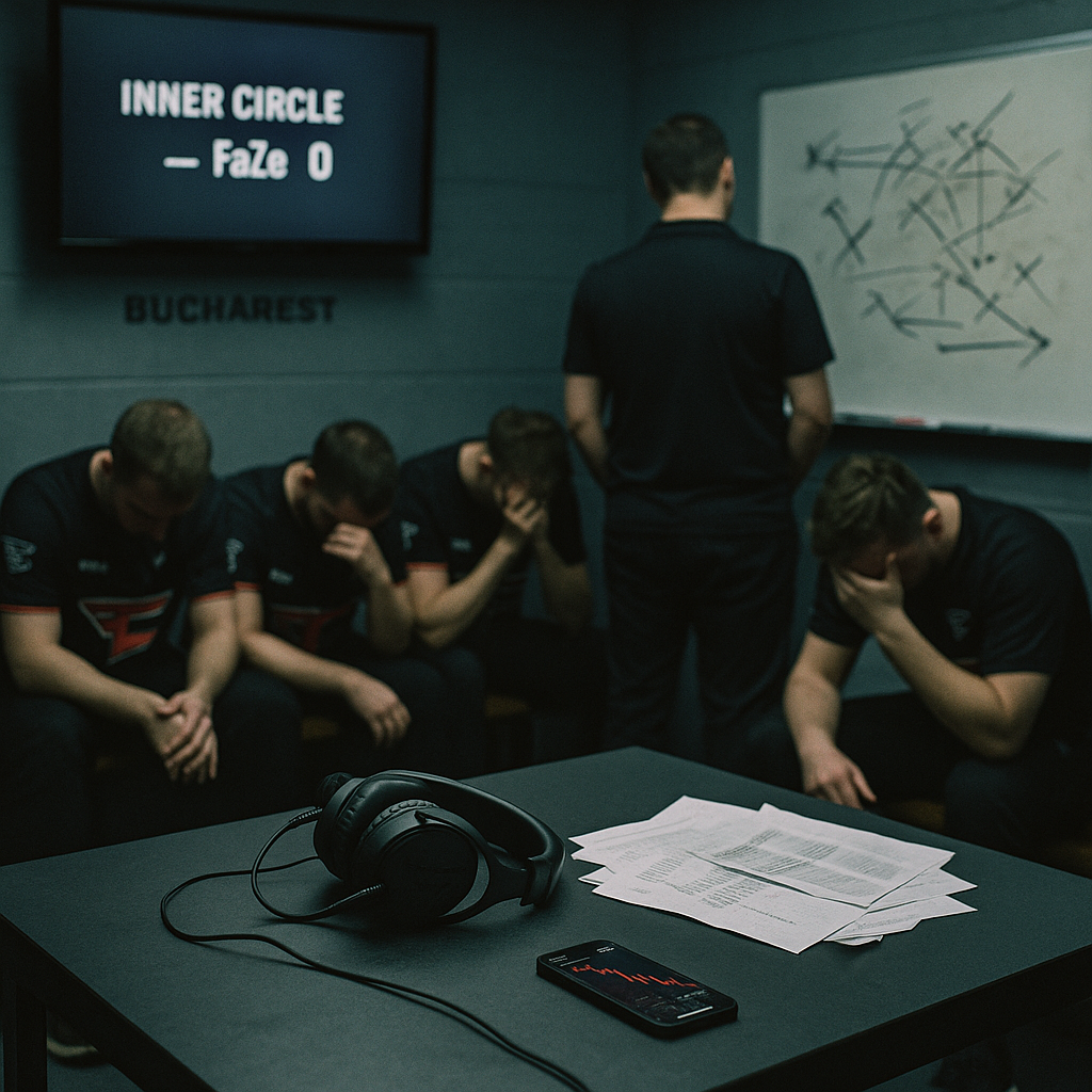 Backstage photo of a dejected FaZe CS2 team in Bucharest, coach by a messy